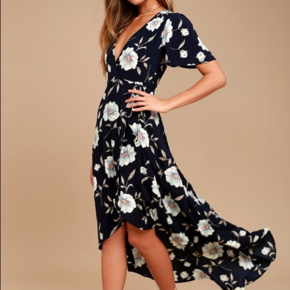 LULUS NAVY BLUE FLORAL HIGH-LOW WRAP DRESS